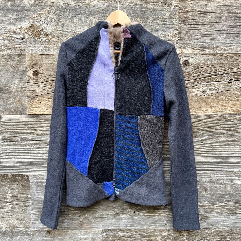 Myco Anna Womens Patchwork Wool Blend Jacket Faux Fur Collar‎ Colorful Recycled